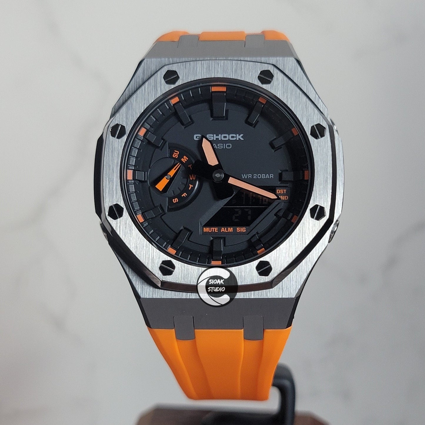 Casioak Mod Watch Rose Gold Case Orange Rubber Strap Black Time Mark Balck Dial 44mm Orange- Casioak Mod Casio G-Shock Royal Oak Custom Mens Luxury Watches Ga2100