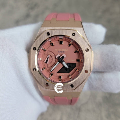 Casioak Mod Watch Rose Gold Case Pink Rubber Strap Pink Rose Gold Time Mark Pink Dial 42mm- Casioak Mod Casio G-Shock Royal Oak Custom Mens Luxury Watches Ga2100