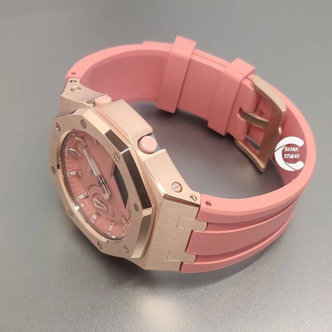 Casioak Mod Watch Rose Gold Case Pink Rubber Strap Pink Rose Gold Time Mark Pink Dial 42mm- Casioak Mod Casio G-Shock Royal Oak Custom Mens Luxury Watches Ga2100