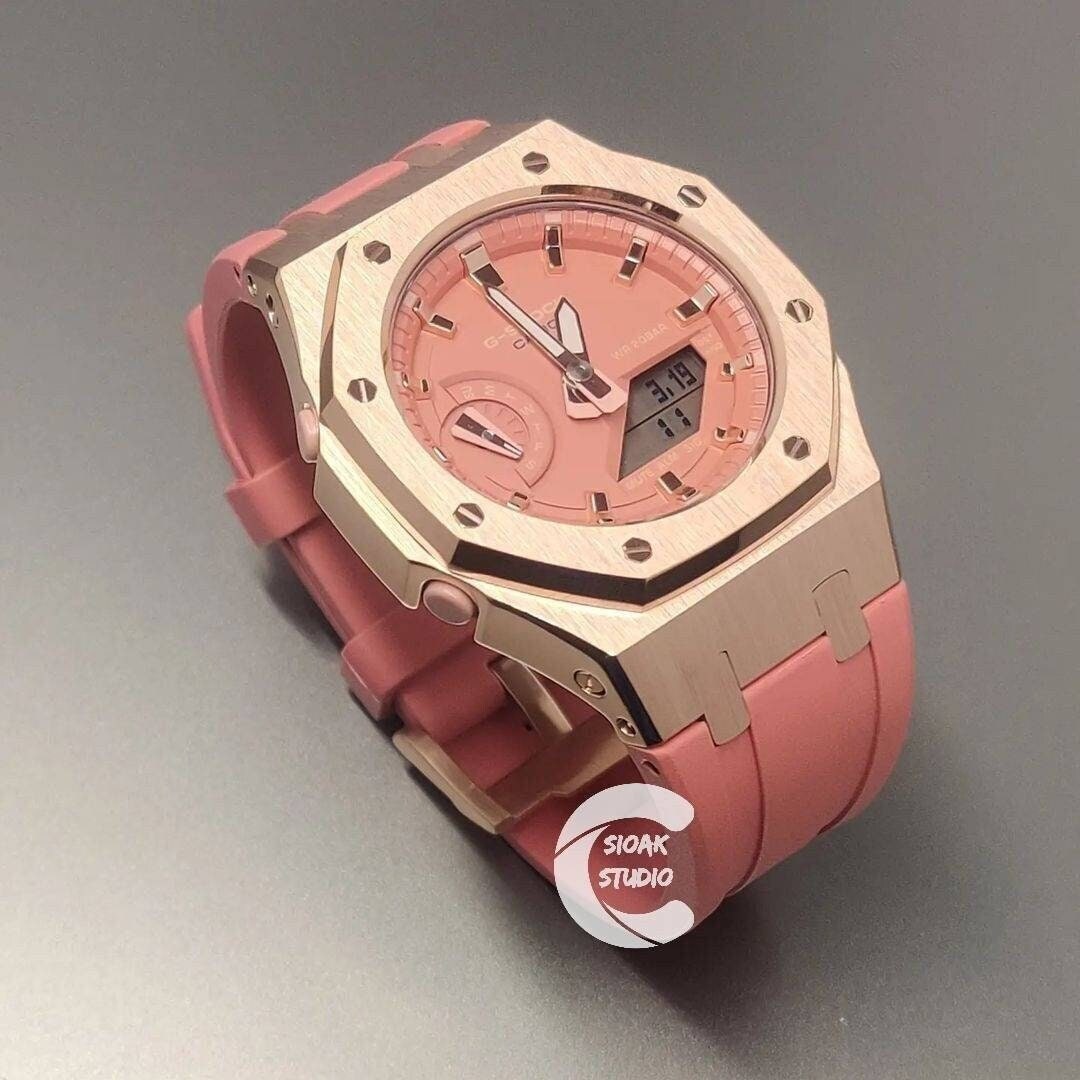 Casioak Mod Watch Rose Gold Case Pink Rubber Strap Pink Rose Gold Time Mark Pink Dial 42mm- Casioak Mod Casio G-Shock Royal Oak Custom Mens Luxury Watches Ga2100