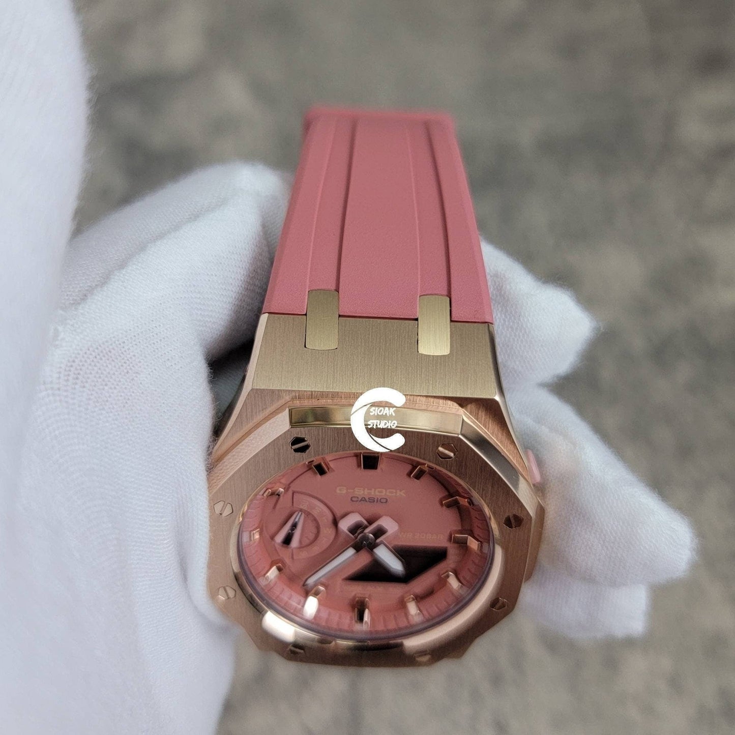 Casioak Mod Watch Rose Gold Case Pink Rubber Strap Pink Rose Gold Time Mark Pink Dial 42mm- Casioak Mod Casio G-Shock Royal Oak Custom Mens Luxury Watches Ga2100