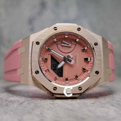 Casioak Mod Watch Rose Gold Case Pink Rubber Strap Pink Rose Gold Time Mark Pink Dial 42mm- Casioak Mod Casio G-Shock Royal Oak Custom Mens Luxury Watches Ga2100