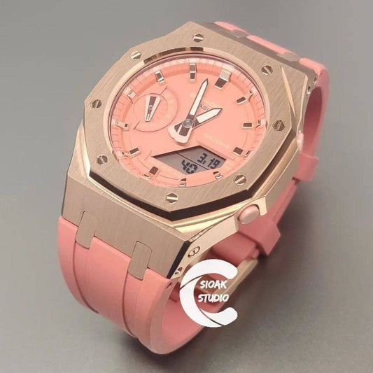 Casioak Mod Watch Rose Gold Case Pink Rubber Strap Pink Rose Gold Time Mark Pink Dial 42mm- Casioak Mod Casio G-Shock Royal Oak Custom Mens Luxury Watches Ga2100