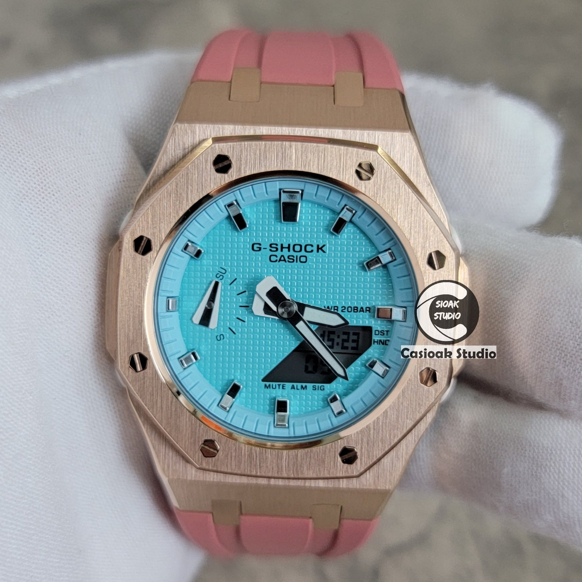 Casioak Mod Watch Rose Gold Case Pink Rubber Strap Tiff Silver Time Mark Tiff Blue Dial 42mm- Casioak Mod Casio G-Shock Royal Oak Custom Mens Luxury Watches Ga2100