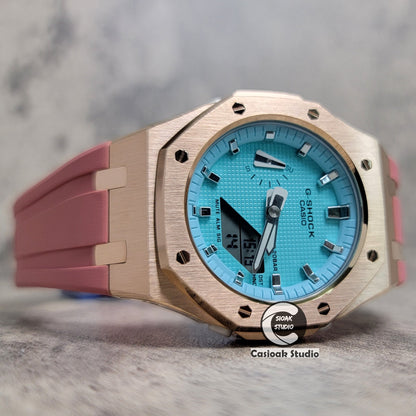 Casioak Mod Watch Rose Gold Case Pink Rubber Strap Tiff Silver Time Mark Tiff Blue Dial 42mm- Casioak Mod Casio G-Shock Royal Oak Custom Mens Luxury Watches Ga2100