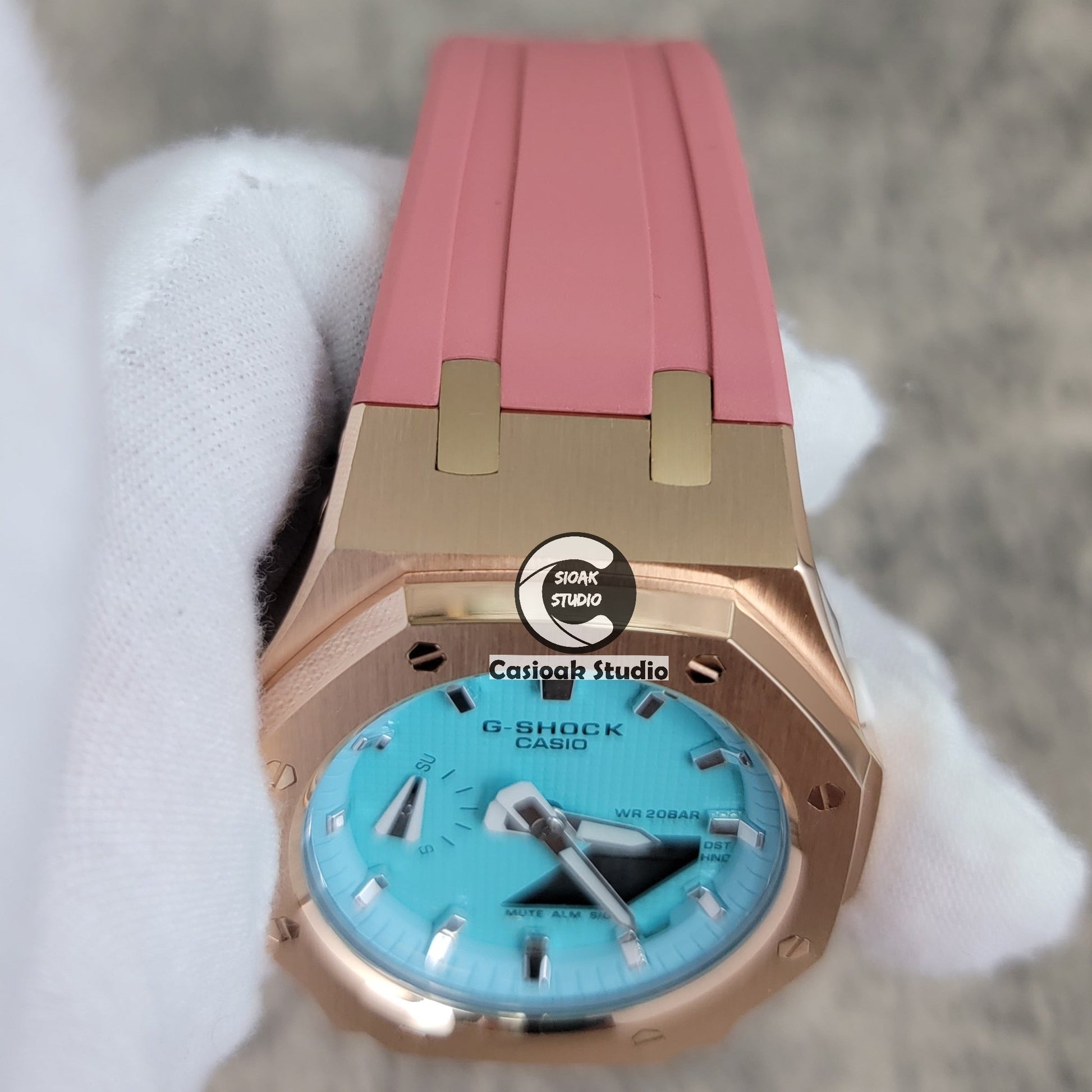 Casioak Mod Watch Rose Gold Case Pink Rubber Strap Tiff Silver Time Mark Tiff Blue Dial 42mm- Casioak Mod Casio G-Shock Royal Oak Custom Mens Luxury Watches Ga2100