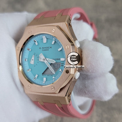 Casioak Mod Watch Rose Gold Case Pink Rubber Strap Tiff Silver Time Mark Tiff Blue Dial 42mm- Casioak Mod Casio G-Shock Royal Oak Custom Mens Luxury Watches Ga2100