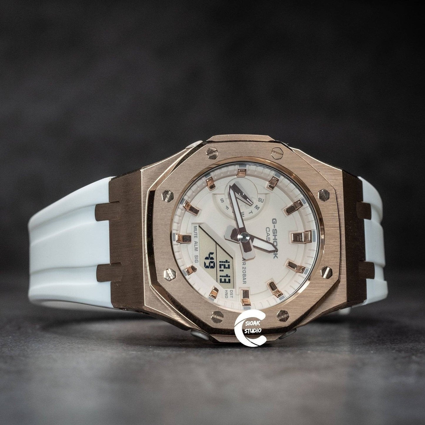 Casioak Mod Watch Rose Gold Case White Rubber Strap Beige Rose Gold Time Mark Beige Dial 42mm- Casioak Mod Casio G-Shock Royal Oak Custom Mens Luxury Watches Ga2100