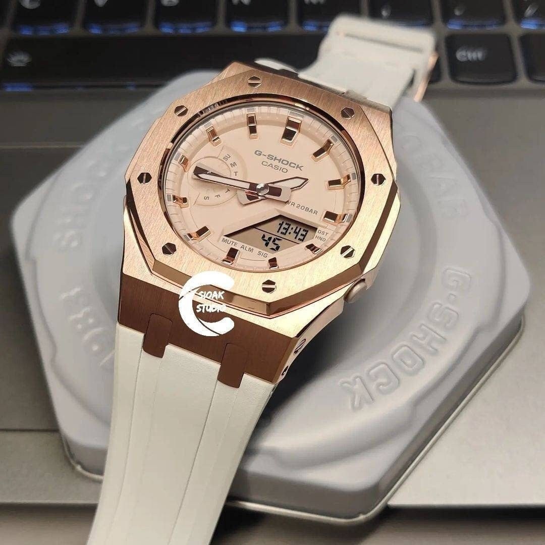 Casioak Mod Watch Rose Gold Case White Rubber Strap Beige Rose Gold Time Mark Beige Dial 42mm- Casioak Mod Casio G-Shock Royal Oak Custom Mens Luxury Watches Ga2100