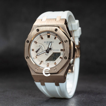 Casioak Mod Watch Rose Gold Case White Rubber Strap Beige Rose Gold Time Mark Beige Dial 42mm- Casioak Mod Casio G-Shock Royal Oak Custom Mens Luxury Watches Ga2100