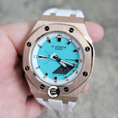 Casioak Mod Watch Rose Gold Case White Rubber Strap White Rose Gold Time Mark Tiff Blue Dial 42mm- Casioak Mod Casio G-Shock Royal Oak Custom Mens Luxury Watches Ga2100