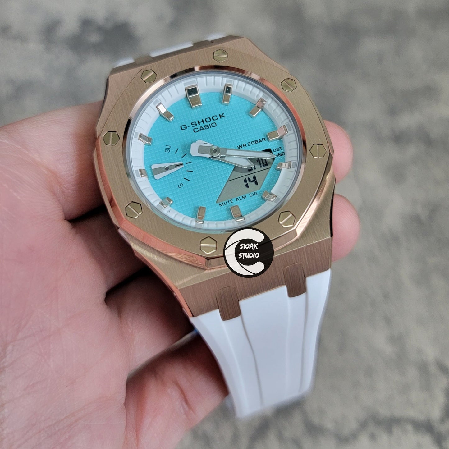 Casioak Mod Watch Rose Gold Case White Rubber Strap White Rose Gold Time Mark Tiff Blue Dial 42mm- Casioak Mod Casio G-Shock Royal Oak Custom Mens Luxury Watches Ga2100