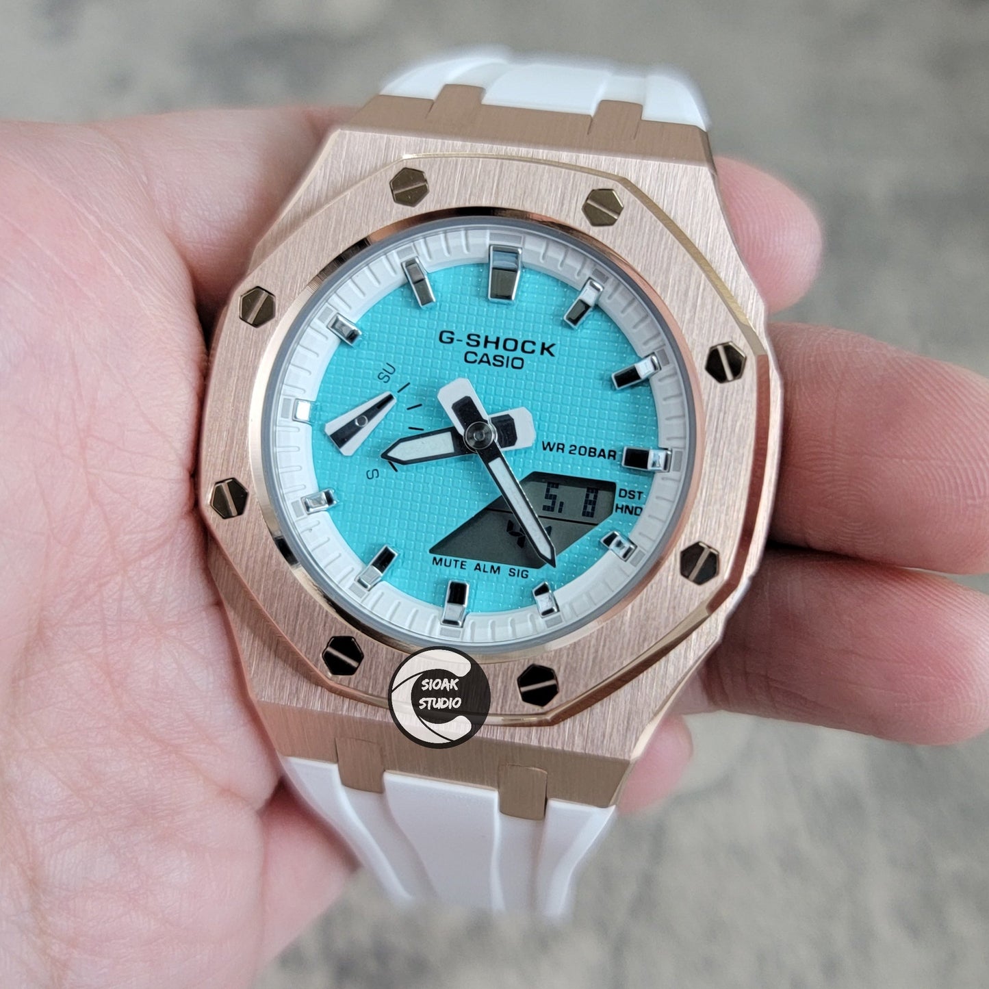 Casioak Mod Watch Rose Gold Case White Rubber Strap White Silver Time Mark Tiff Blue Dial 42mm- Casioak Mod Casio G-Shock Royal Oak Custom Mens Luxury Watches Ga2100