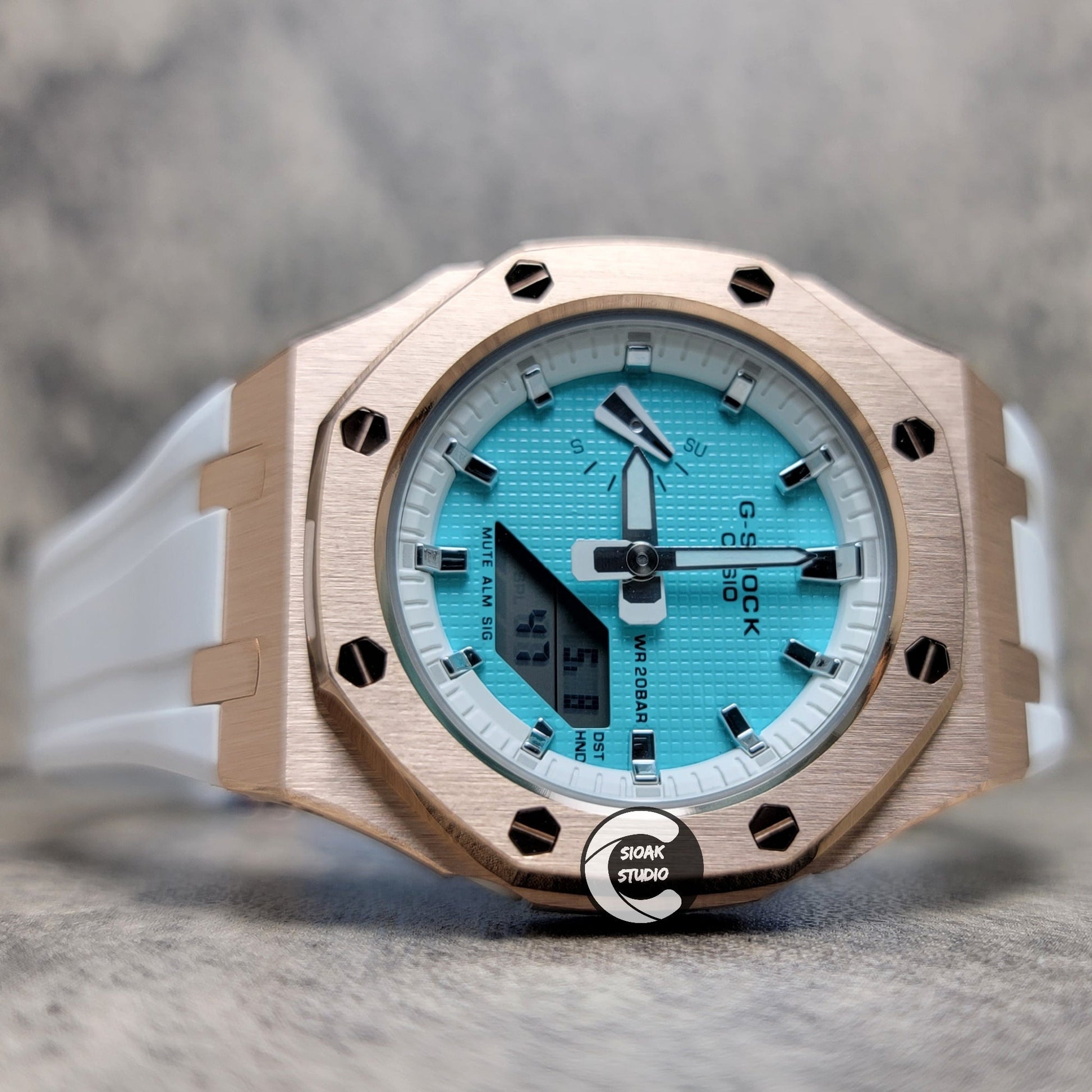 Casioak Mod Watch Rose Gold Case White Rubber Strap White Silver Time Mark Tiff Blue Dial 42mm- Casioak Mod Casio G-Shock Royal Oak Custom Mens Luxury Watches Ga2100