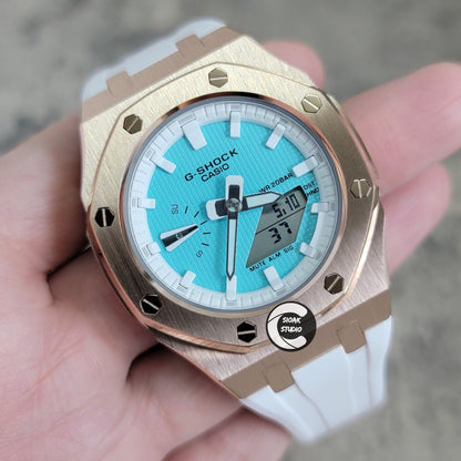 Casioak Mod Watch Rose Gold Case White Rubber Strap White Time Mark Tiff Blue Dial 42mm- Casioak Mod Casio G-Shock Royal Oak Custom Mens Luxury Watches Ga2100