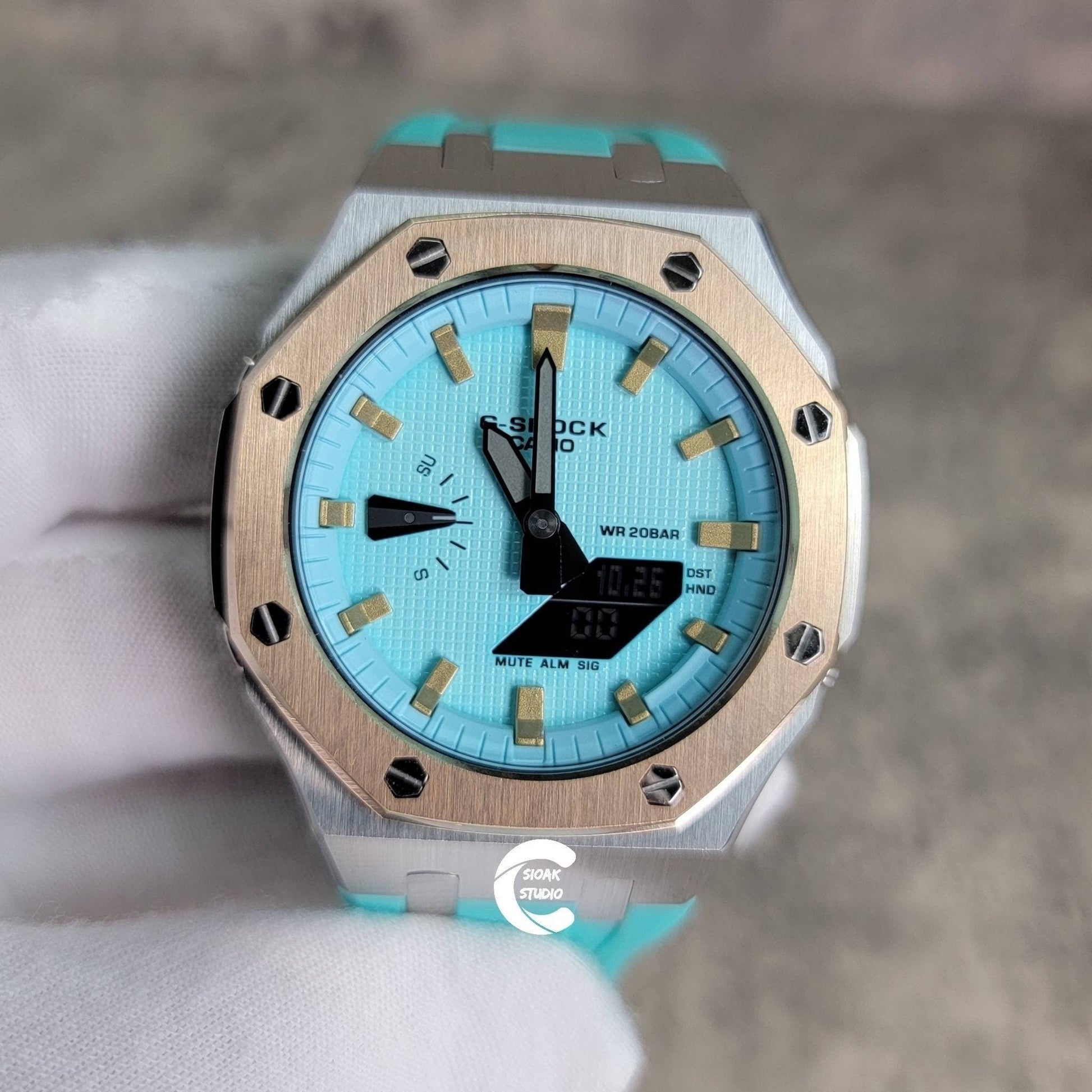 Casioak Mod Watch Rose Gold Silver Case Tiff Blue Rubber Strap Tiff Blue Gold Time Mark Tiff Blue Dial 44mm- Casioak Mod Casio G-Shock Royal Oak Custom Mens Luxury Watches Ga2100