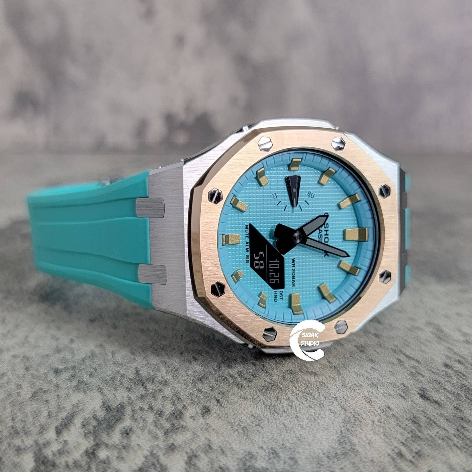 Casioak Mod Watch Rose Gold Silver Case Tiff Blue Rubber Strap Tiff Blue Gold Time Mark Tiff Blue Dial 44mm- Casioak Mod Casio G-Shock Royal Oak Custom Mens Luxury Watches Ga2100