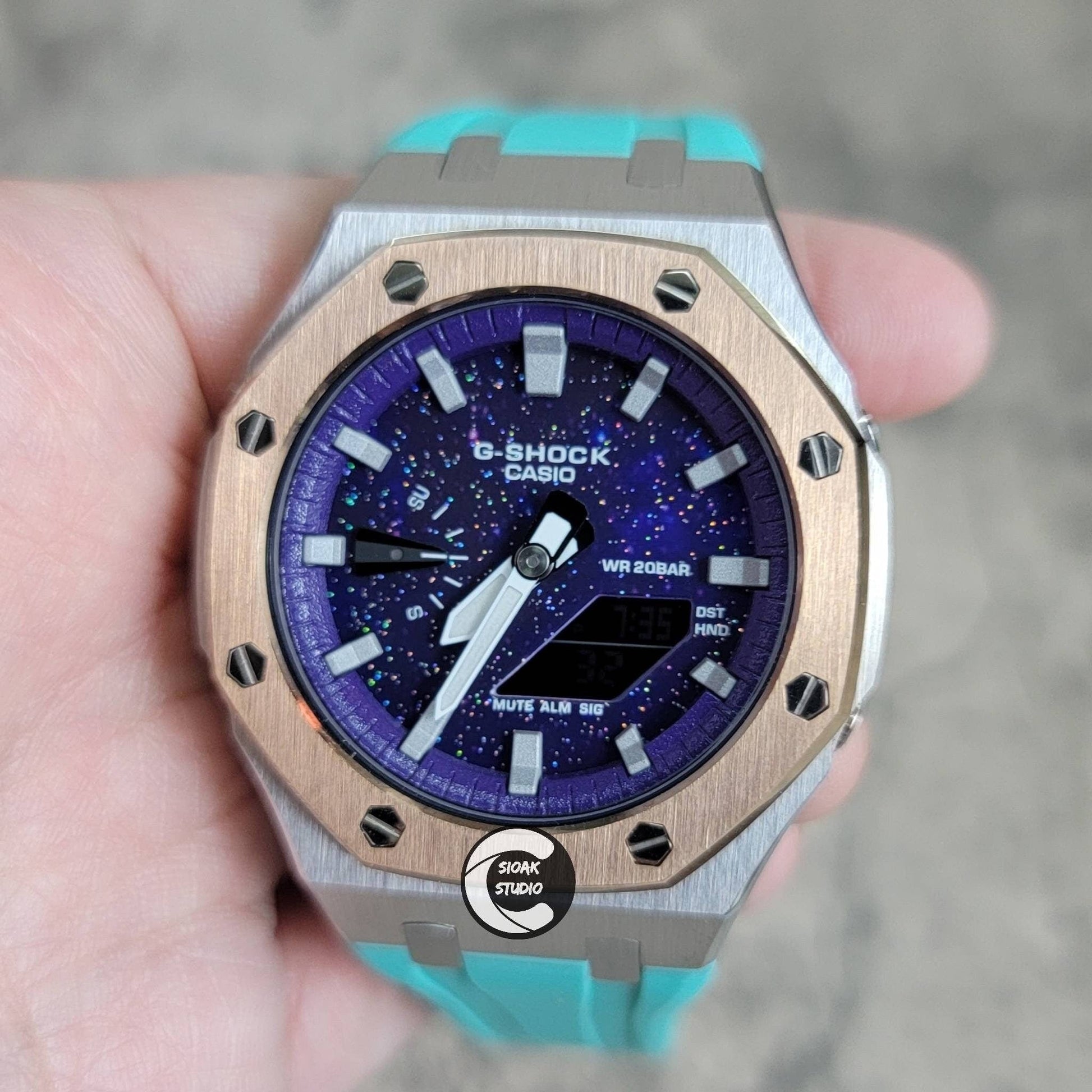 Casioak Mod Watch Rose Gold Silver Case Tiff Rubber Strap Purple Silver Time Mark Purple Dial 44mm- Casioak Mod Casio G-Shock Royal Oak Custom Mens Luxury Watches Ga2100