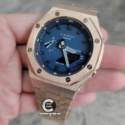 Casioak Mod Watch RoseGold Case Metal Strap Black Time Mark Blue Waffle Dial 44mm- Casioak Mod Casio G-Shock Royal Oak Custom Mens Luxury Watches Ga2100