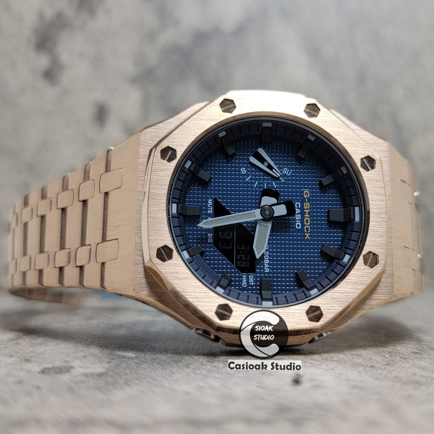 Casioak Mod Watch RoseGold Case Metal Strap Black Time Mark Blue Waffle Dial 44mm- Casioak Mod Casio G-Shock Royal Oak Custom Mens Luxury Watches Ga2100