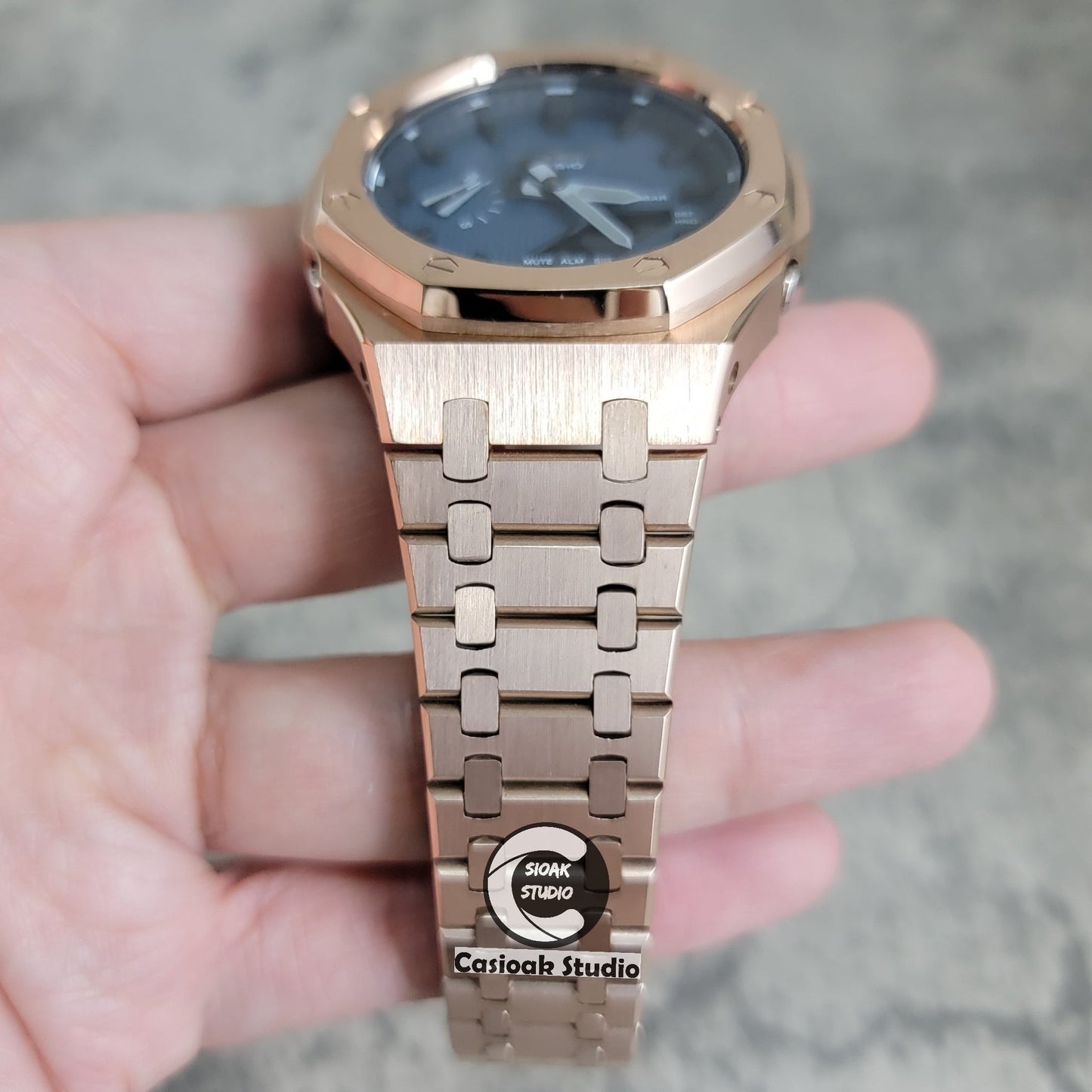 Casioak Mod Watch RoseGold Case Metal Strap Black Time Mark Blue Waffle Dial 44mm- Casioak Mod Casio G-Shock Royal Oak Custom Mens Luxury Watches Ga2100