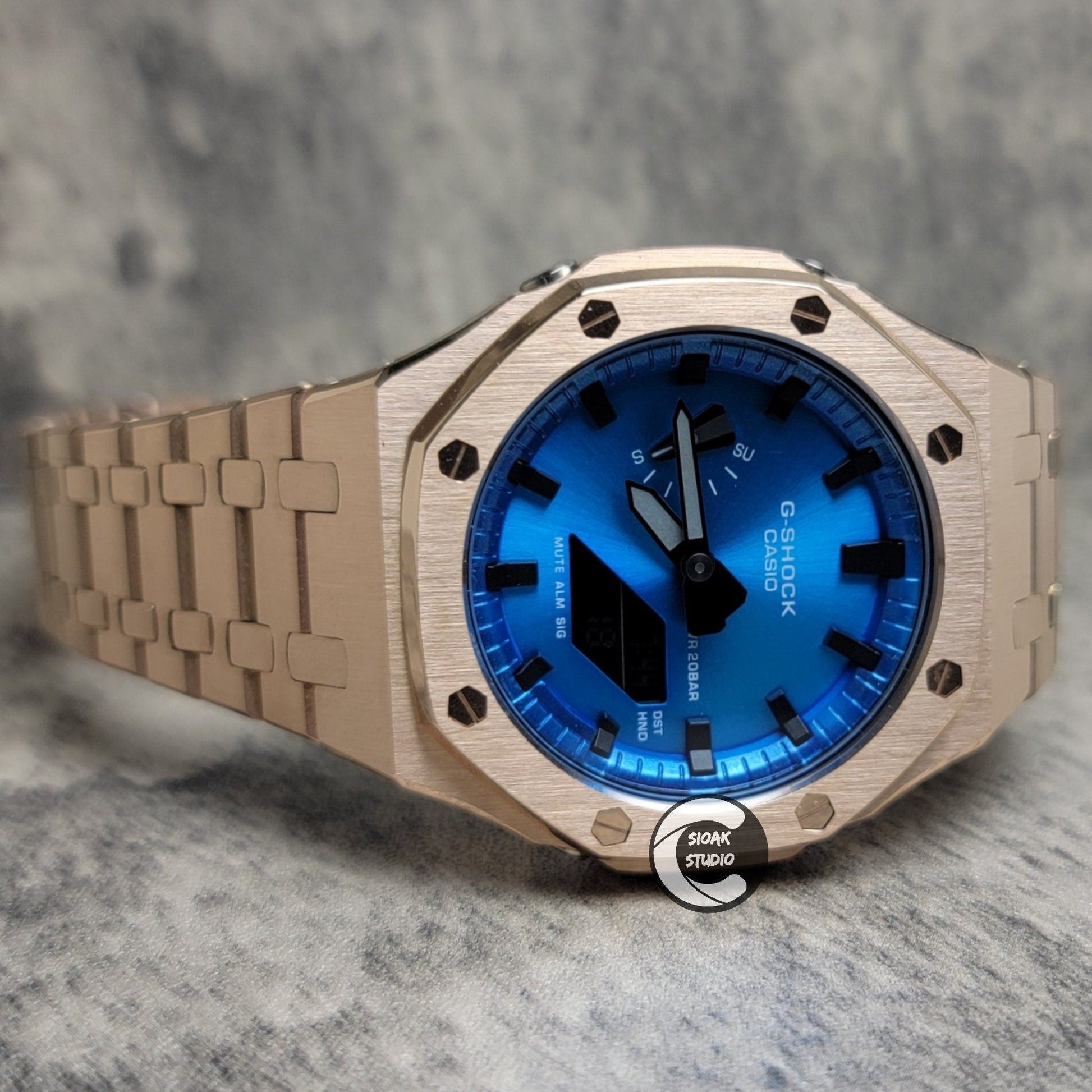 Casioak Mod Watch Rosegold Case Metal Strap Blue Black Time Mark Metallic Blue Dial 44mm- Casioak Mod Casio G-Shock Royal Oak Custom Mens Luxury Watches Ga2100