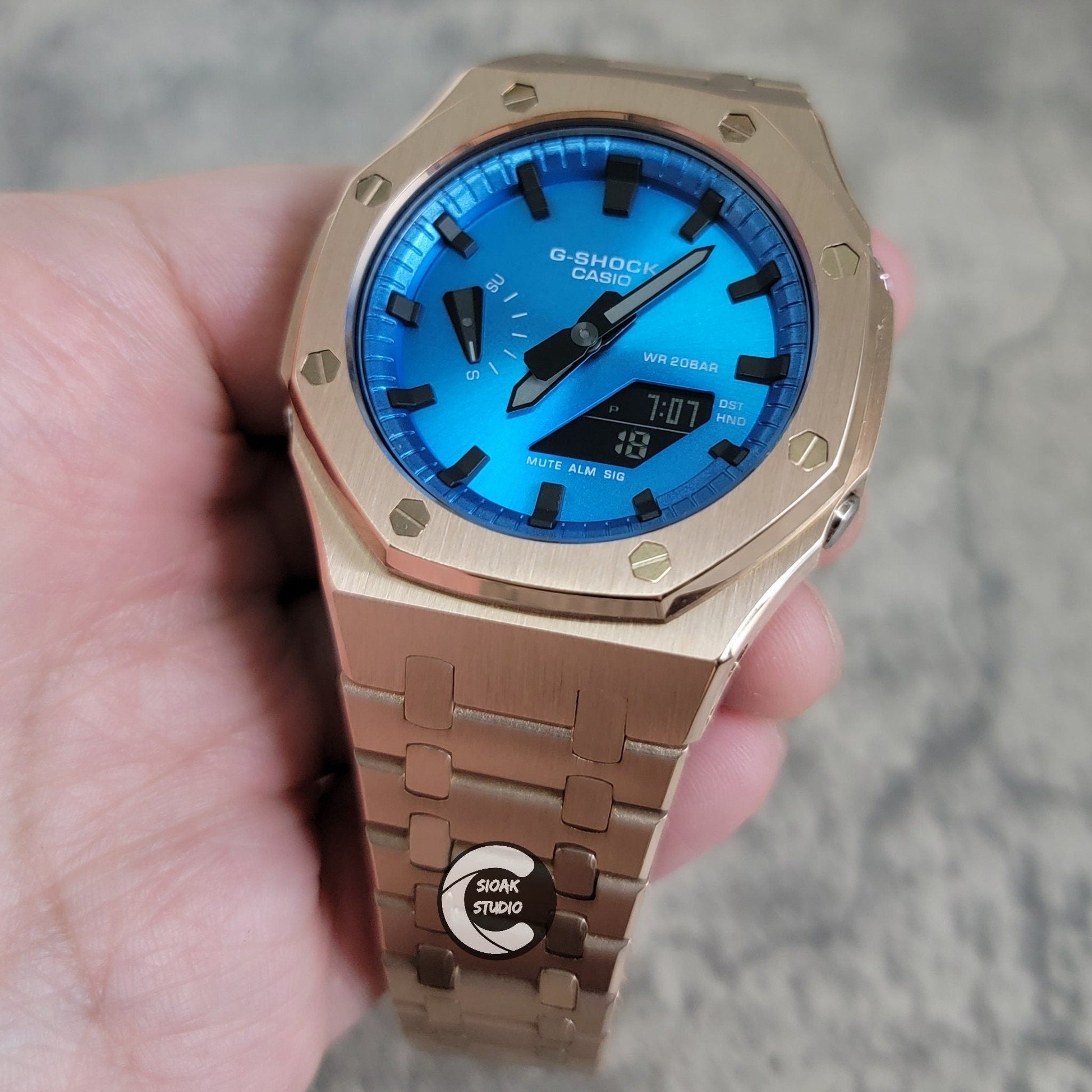 Casioak Mod Watch Rosegold Case Metal Strap Blue Black Time Mark Metallic Blue Dial 44mm- Casioak Mod Casio G-Shock Royal Oak Custom Mens Luxury Watches Ga2100