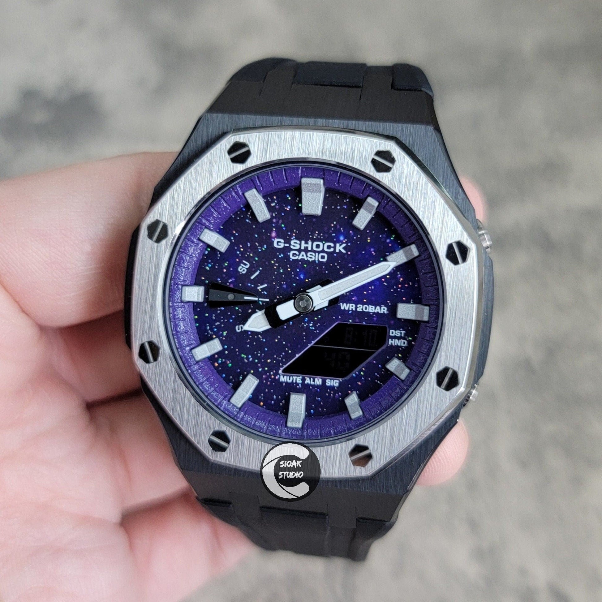 Casioak Mod Watch Silver Black Case Black Rubber Strap Purple Silver Time Mark Purple Dial 44mm- Casioak Mod Casio G-Shock Royal Oak Custom Mens Luxury Watches Ga2100