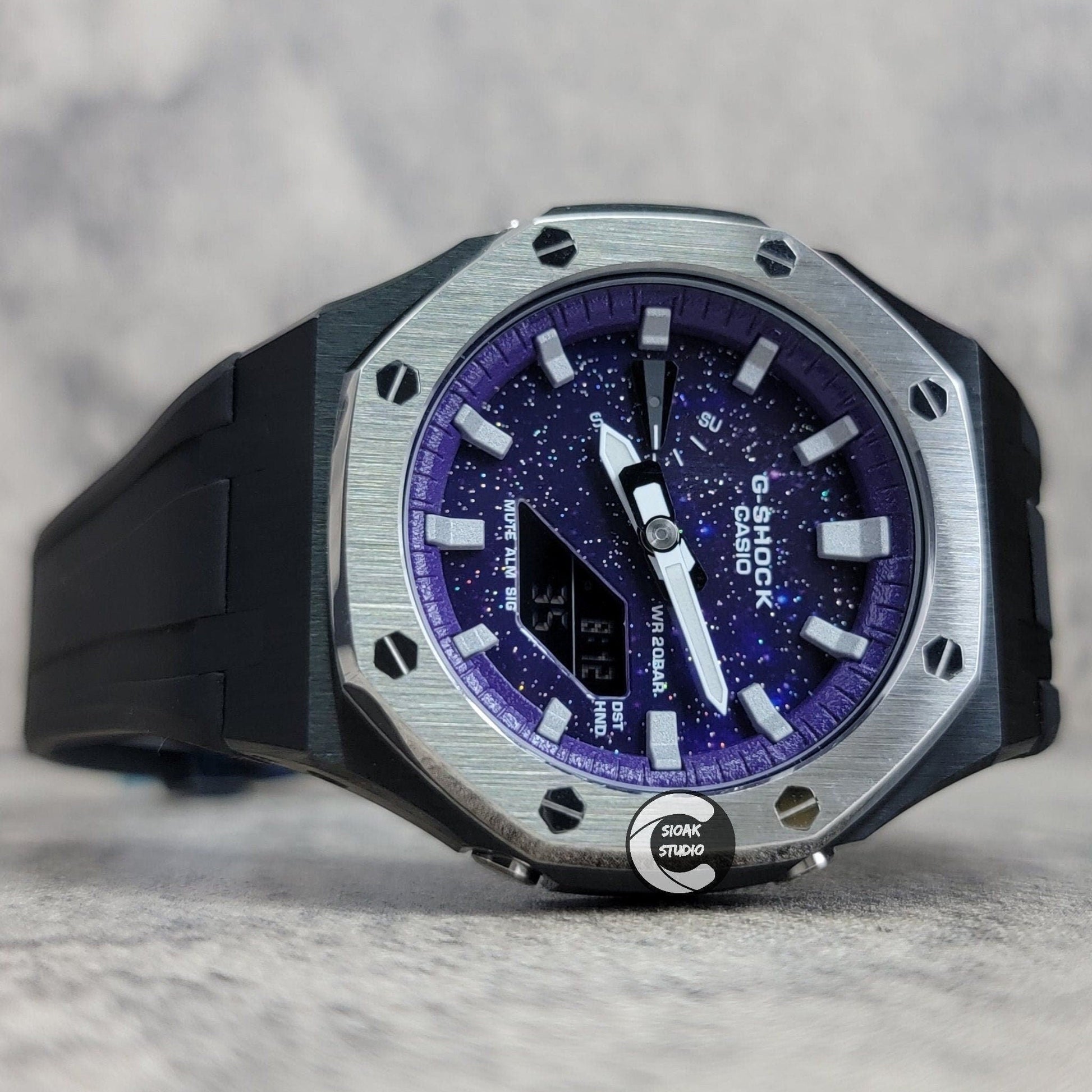 Casioak Mod Watch Silver Black Case Black Rubber Strap Purple Silver Time Mark Purple Dial 44mm- Casioak Mod Casio G-Shock Royal Oak Custom Mens Luxury Watches Ga2100