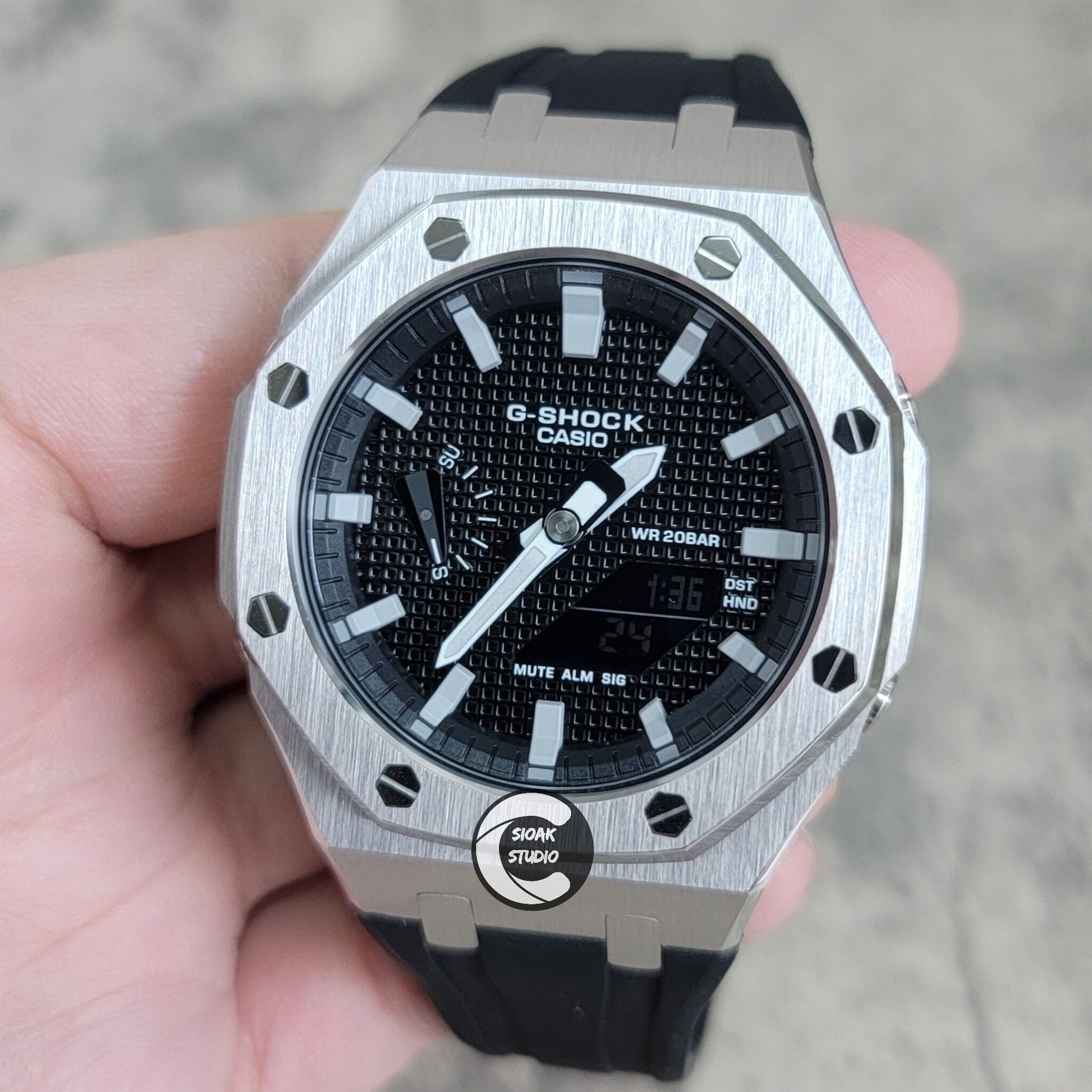 Casioak Mod Watch Silver Case Black Rubber Strap Black Grey Time Mark Black Waffle Dial 44mm- Casioak Mod Casio G-Shock Royal Oak Custom Mens Luxury Watches Ga2100