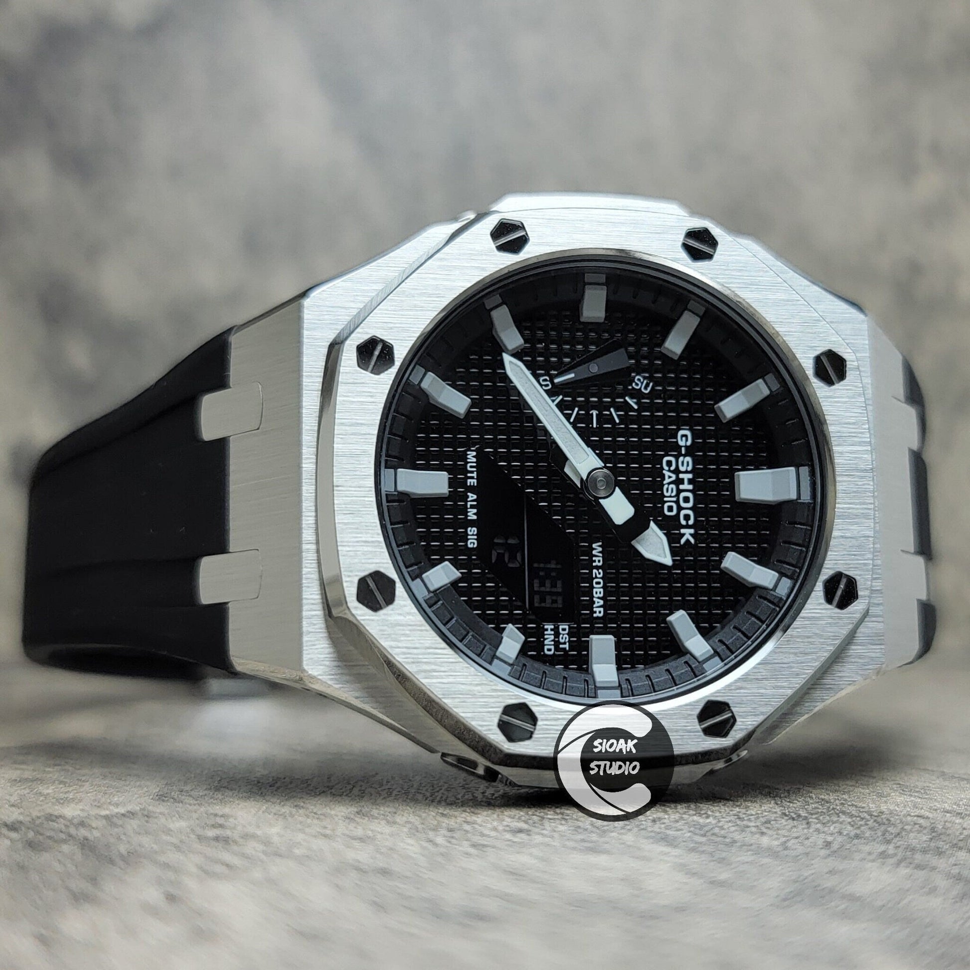 Casioak Mod Watch Silver Case Black Rubber Strap Black Grey Time Mark Black Waffle Dial 44mm- Casioak Mod Casio G-Shock Royal Oak Custom Mens Luxury Watches Ga2100