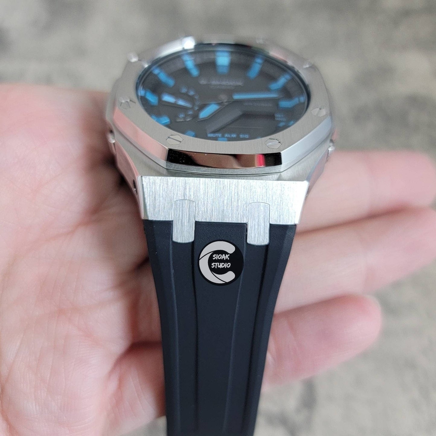 Casioak Mod Watch Silver Case Black Rubber Strap Black LIght Blue Time Mark Black Dial 44mm- Casioak Mod Casio G-Shock Royal Oak Custom Mens Luxury Watches Ga2100