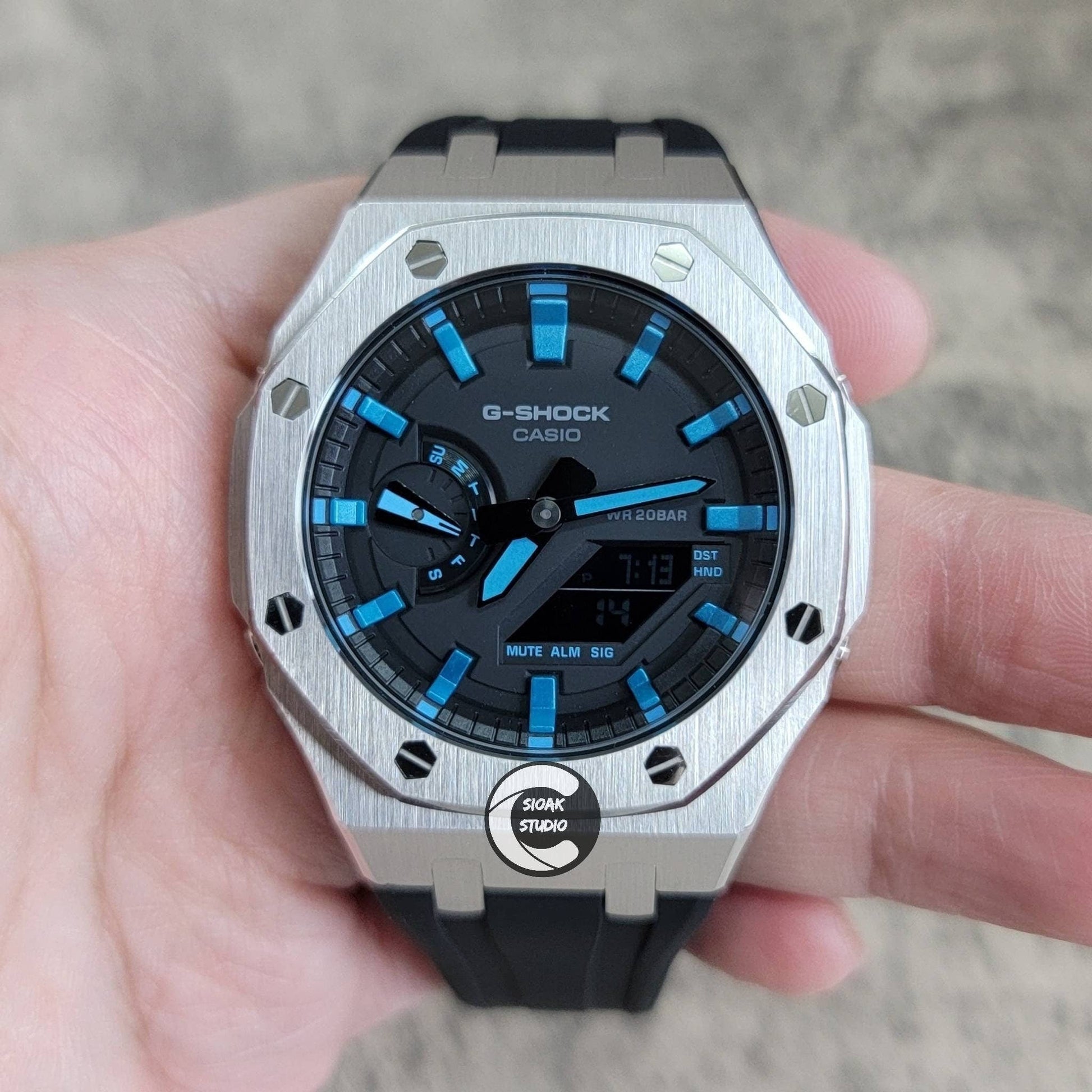 Casioak Mod Watch Silver Case Black Rubber Strap Black LIght Blue Time Mark Black Dial 44mm- Casioak Mod Casio G-Shock Royal Oak Custom Mens Luxury Watches Ga2100