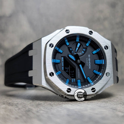 Casioak Mod Watch Silver Case Black Rubber Strap Black LIght Blue Time Mark Black Dial 44mm- Casioak Mod Casio G-Shock Royal Oak Custom Mens Luxury Watches Ga2100