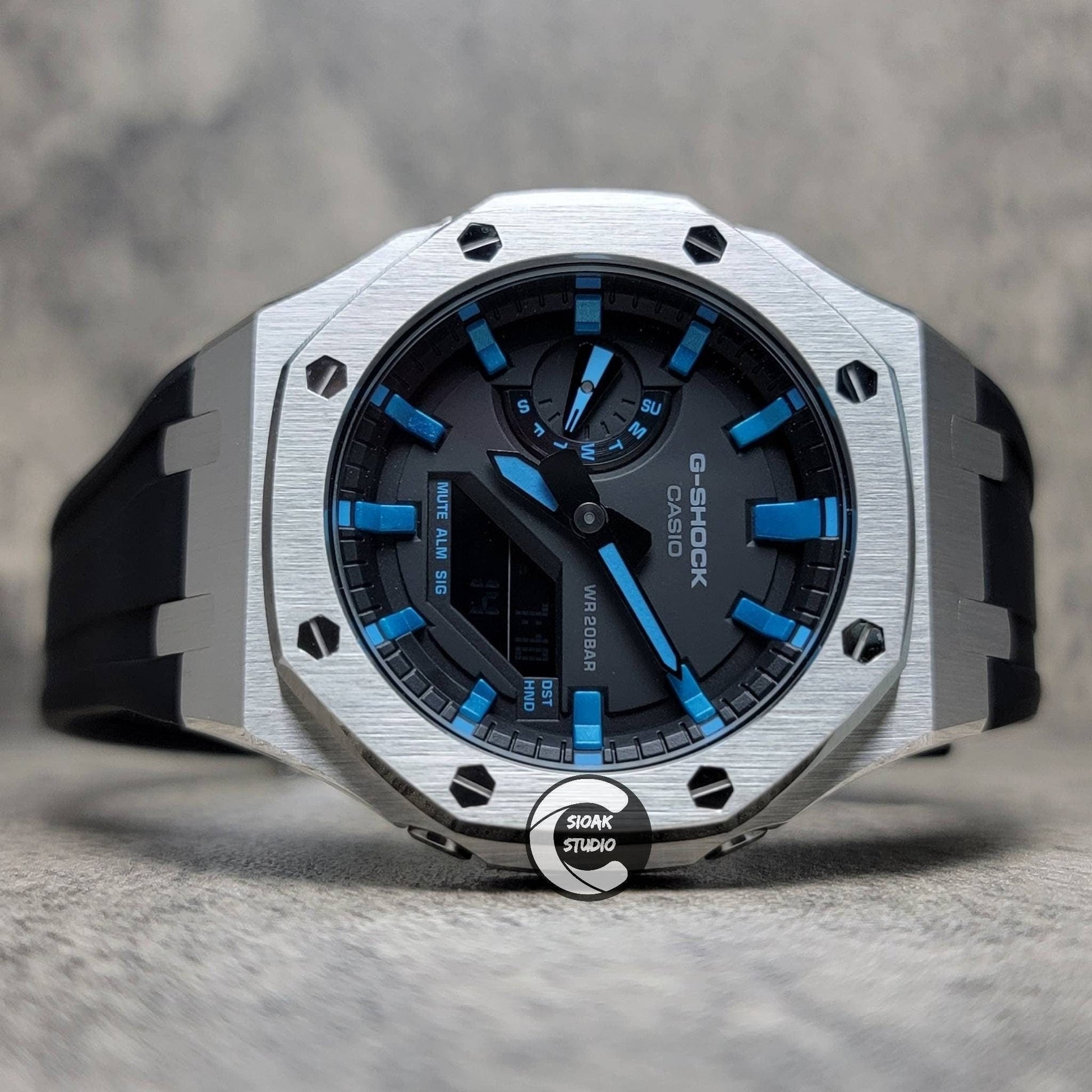 Casioak Mod Watch Silver Case Black Rubber Strap Black LIght Blue Time Mark Black Dial 44mm- Casioak Mod Casio G-Shock Royal Oak Custom Mens Luxury Watches Ga2100