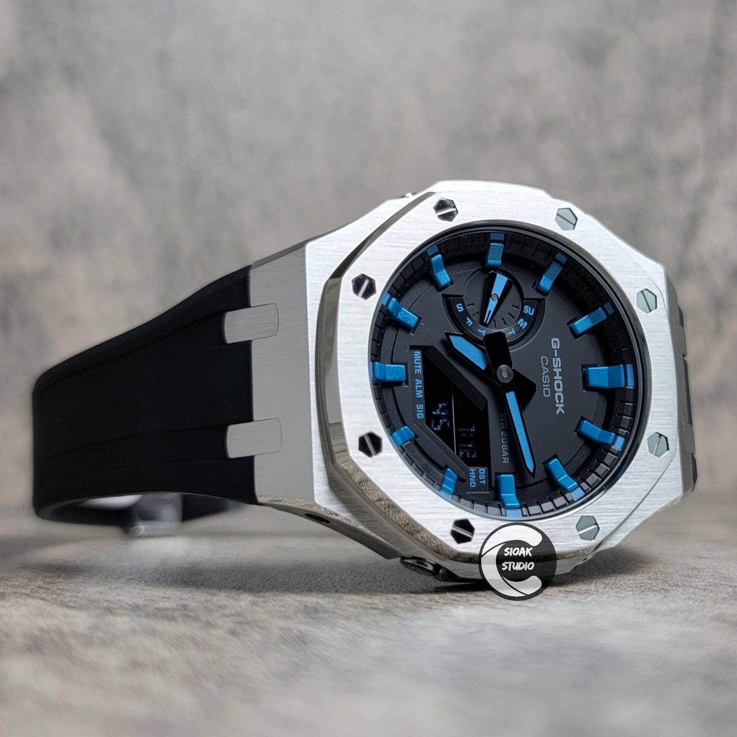 Casioak Mod Watch Silver Case Black Rubber Strap Black LIght Blue Time Mark Black Dial 44mm- Casioak Mod Casio G-Shock Royal Oak Custom Mens Luxury Watches Ga2100