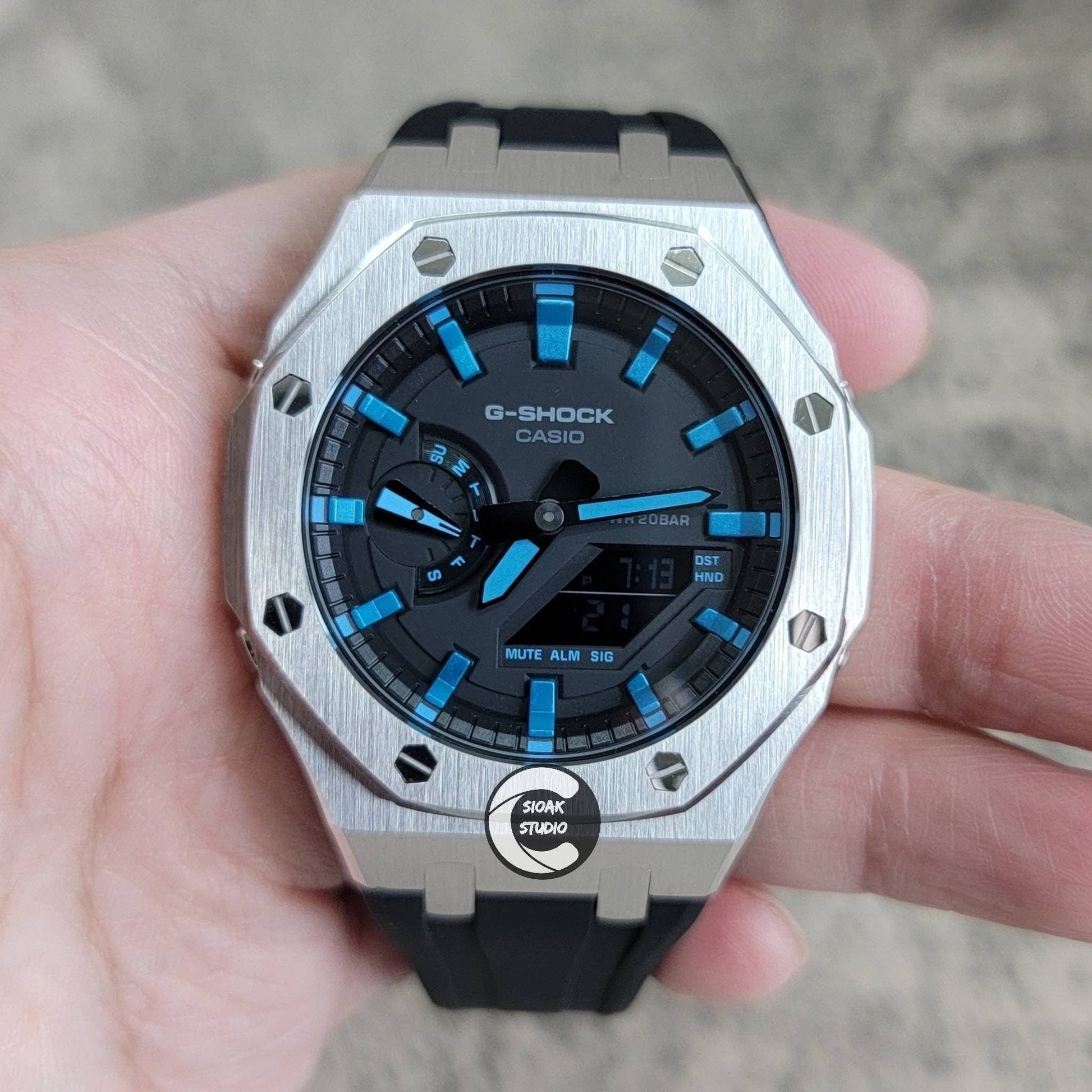 Casioak Mod Watch Silver Case Black Rubber Strap Black LIght Blue Time Mark Black Dial 44mm- Casioak Mod Casio G-Shock Royal Oak Custom Mens Luxury Watches Ga2100