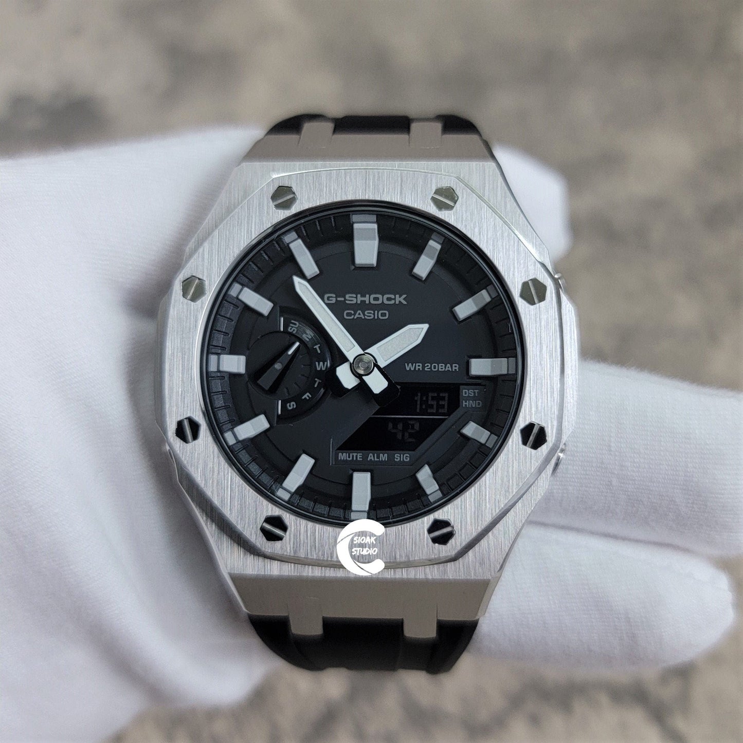 Casioak Mod Watch Silver Case Black Rubber Strap Black Light Gray Time Mark Black Dial 44mm- Casioak Mod Casio G-Shock Royal Oak Custom Mens Luxury Watches Ga2100