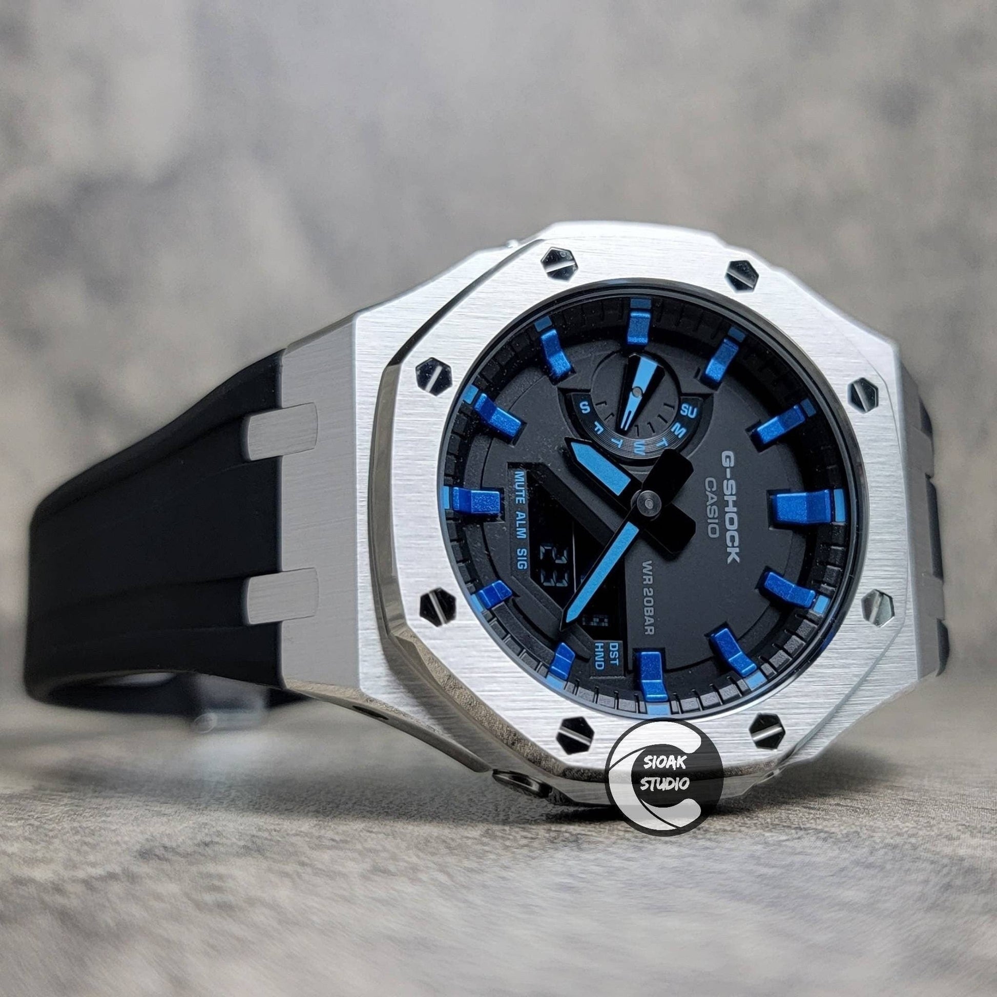 Casioak Mod Watch Silver Case Black Rubber Strap Black Metalkic Blue Time Mark Black Dial 44mm- Casioak Mod Casio G-Shock Royal Oak Custom Mens Luxury Watches Ga2100