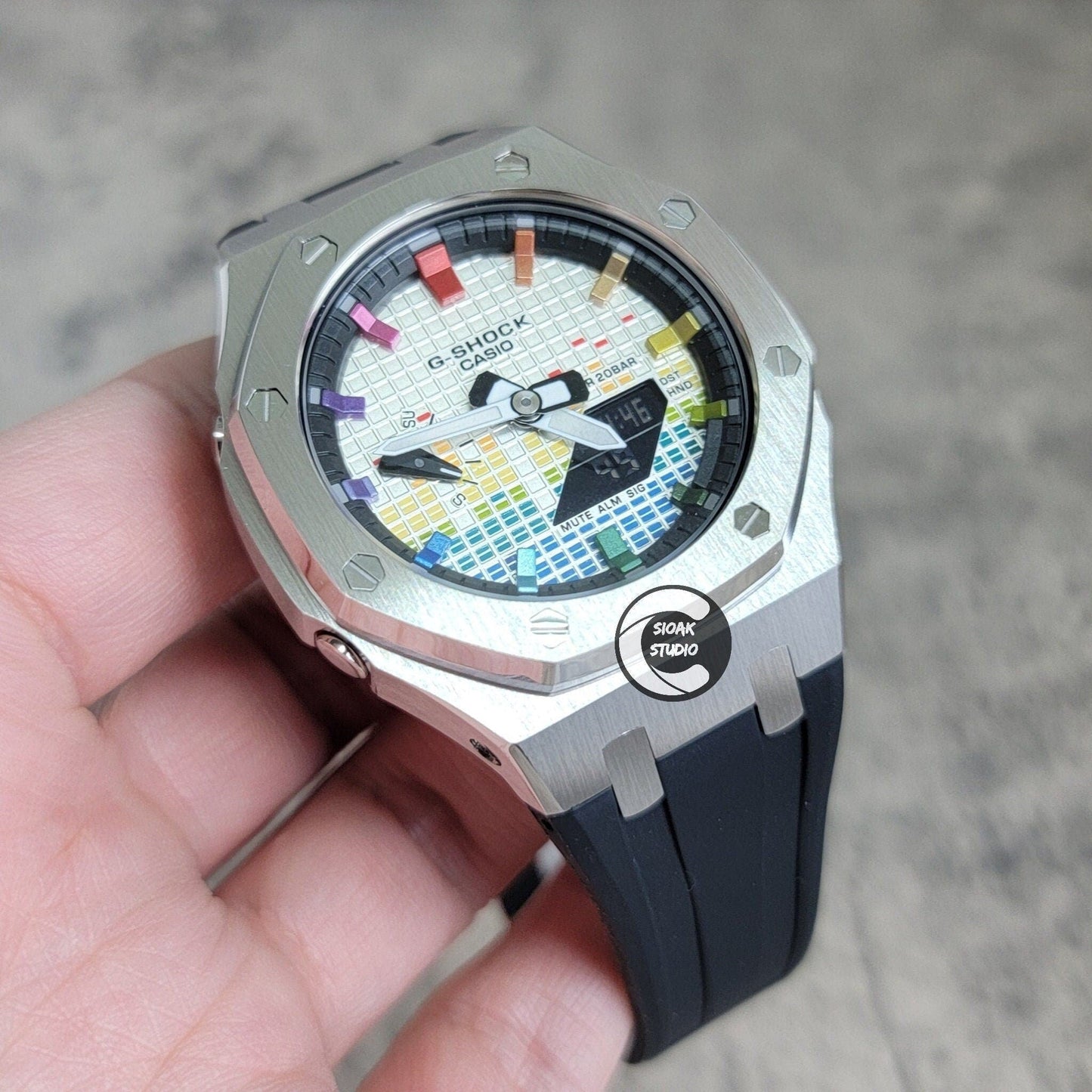 Casioak Mod Watch Silver Case Black Rubber Strap Black Rainbow Time Mark Music Dial 44mm- Casioak Mod Casio G-Shock Royal Oak Custom Mens Luxury Watches Ga2100