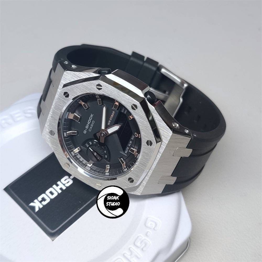 Casioak Mod Watch Silver Case Black Rubber Strap Black Rose Gold Time Mark Black Dial 42mm- Casioak Mod Casio G-Shock Royal Oak Custom Mens Luxury Watches Ga2100