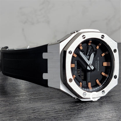 Casioak Mod Watch Silver Case Black Rubber Strap Black Rose Gold Time Mark Black Dial 44mm- Casioak Mod Casio G-Shock Royal Oak Custom Mens Luxury Watches Ga2100