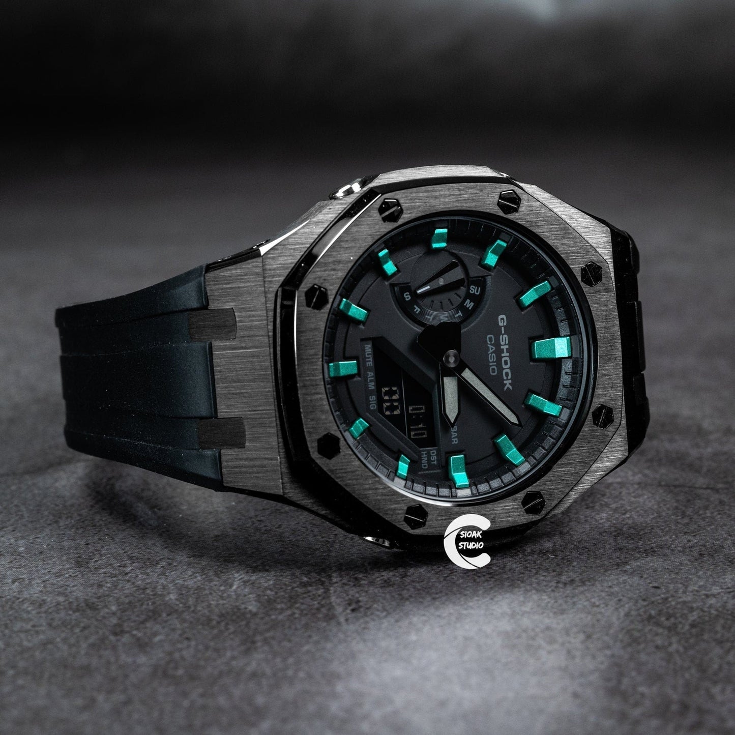 Casioak Mod Watch Silver Case Black Rubber Strap Black Turquoise Time Mark Black Dial 44mm- Casioak Mod Casio G-Shock Royal Oak Custom Mens Luxury Watches Ga2100