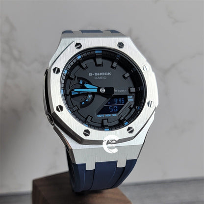 Casioak Mod Watch Silver Case Blue Rubber Strap Black Time Mark Black Dial 44mm- Casioak Mod Casio G-Shock Royal Oak Custom Mens Luxury Watches Ga2100