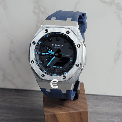 Casioak Mod Watch Silver Case Blue Rubber Strap Black Time Mark Black Dial 44mm- Casioak Mod Casio G-Shock Royal Oak Custom Mens Luxury Watches Ga2100