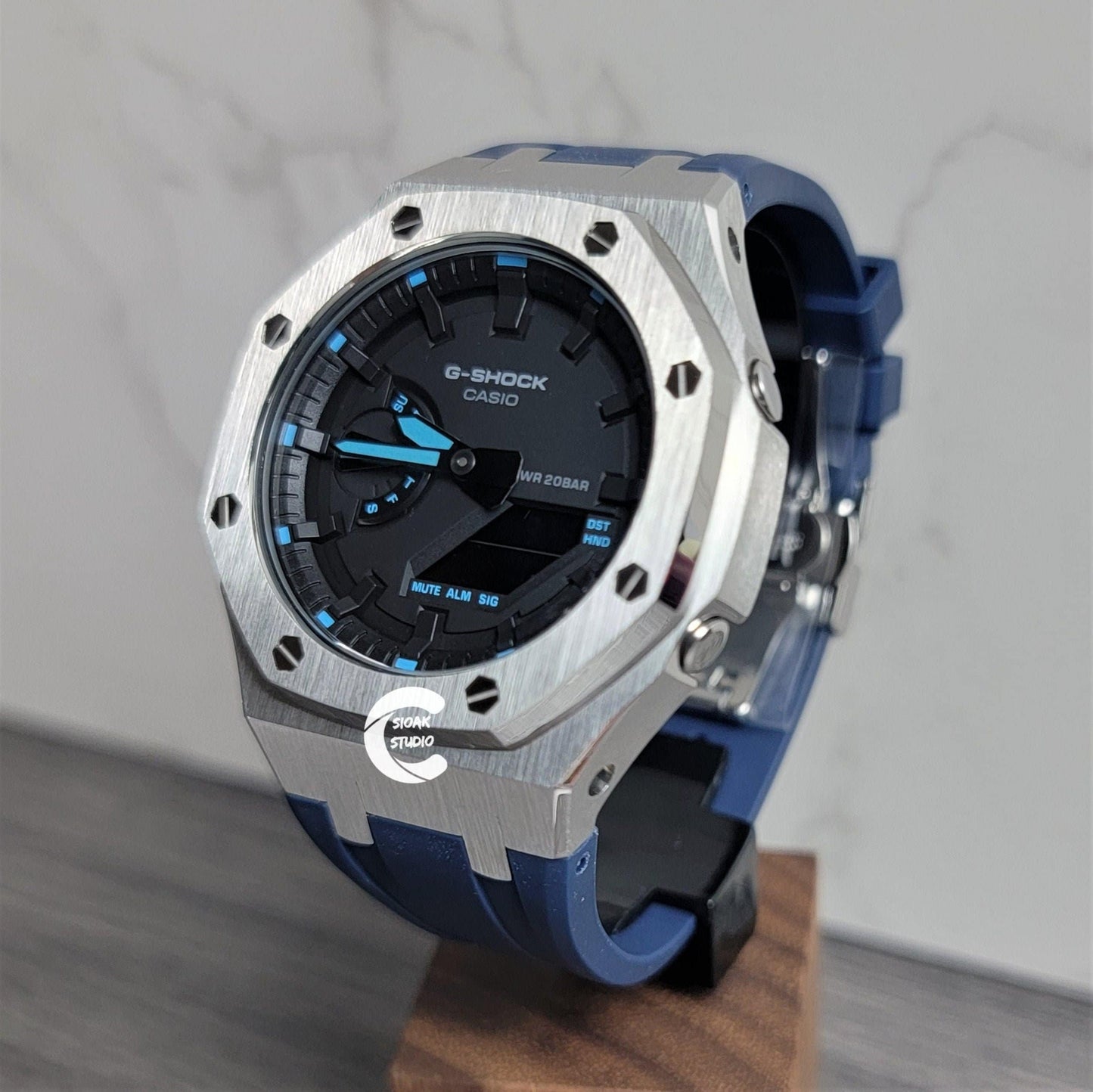 Casioak Mod Watch Silver Case Blue Rubber Strap Black Time Mark Black Dial 44mm- Casioak Mod Casio G-Shock Royal Oak Custom Mens Luxury Watches Ga2100