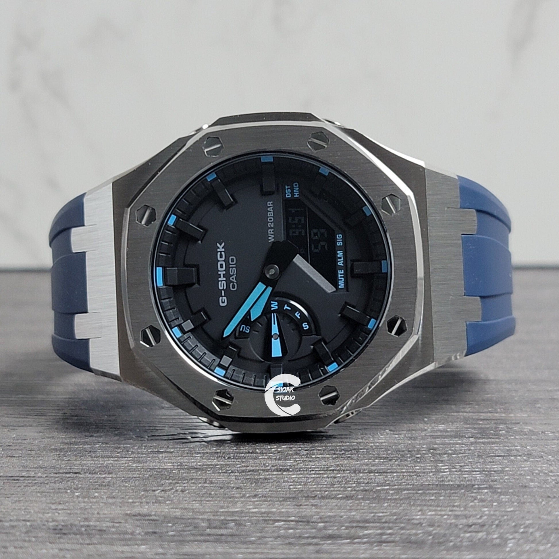 Casioak Mod Watch Silver Case Blue Rubber Strap Black Time Mark Black Dial 44mm- Casioak Mod Casio G-Shock Royal Oak Custom Mens Luxury Watches Ga2100