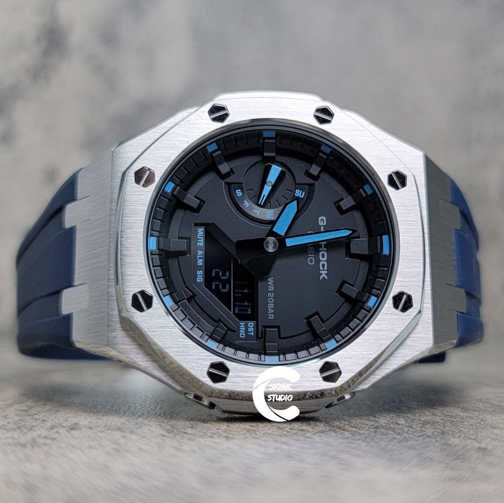 Casioak Mod Watch Silver Case Blue Rubber Strap Black Time Mark Black Dial Blue 44mm- Casioak Mod Casio G-Shock Royal Oak Custom Mens Luxury Watches Ga2100