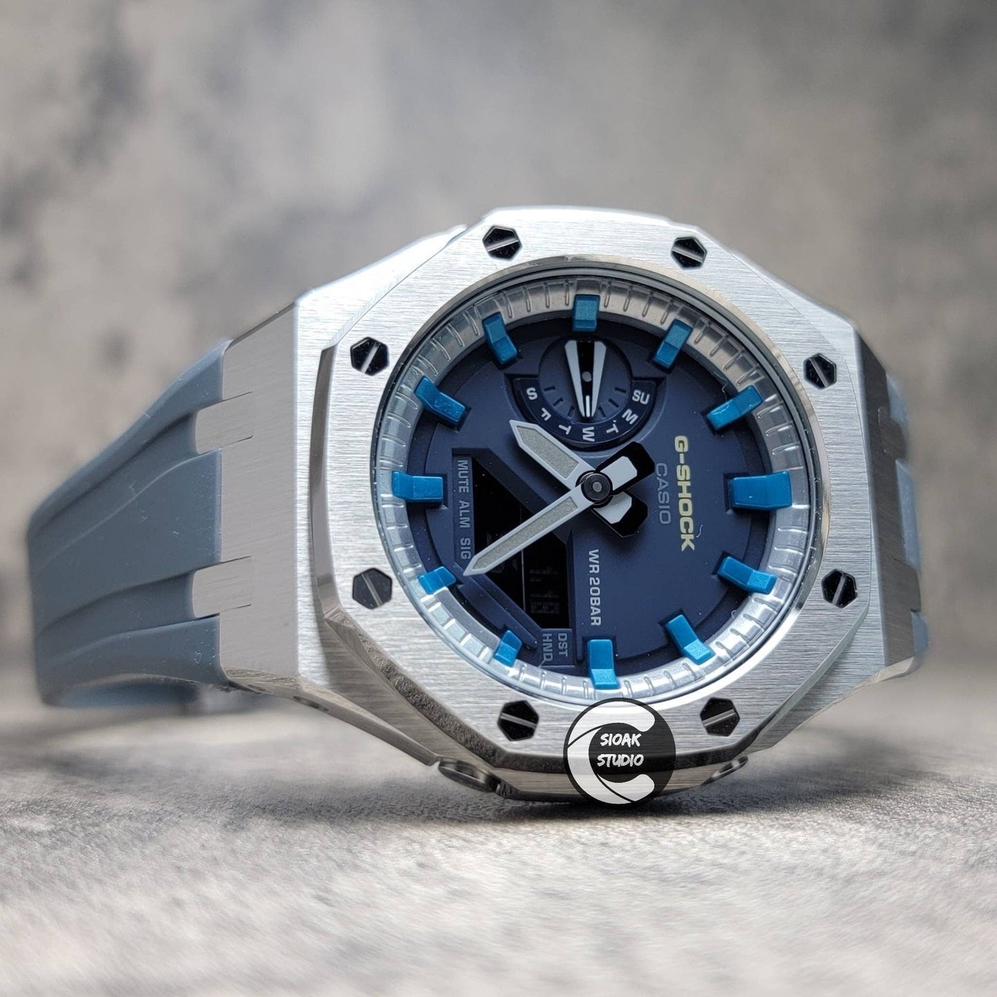 Casioak Mod Watch Silver Case Blue Rubber Strap Silver Blue Time Mark Blue Dial 44mm- Casioak Mod Casio G-Shock Royal Oak Custom Mens Luxury Watches Ga2100