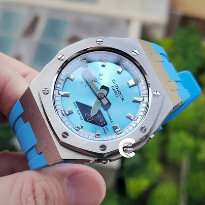 Casioak Mod Watch Silver Case Blue Rubber Strap Silver Time Mark Ice Blue Dial 44mm- Casioak Mod Casio G-Shock Royal Oak Custom Mens Luxury Watches Ga2100